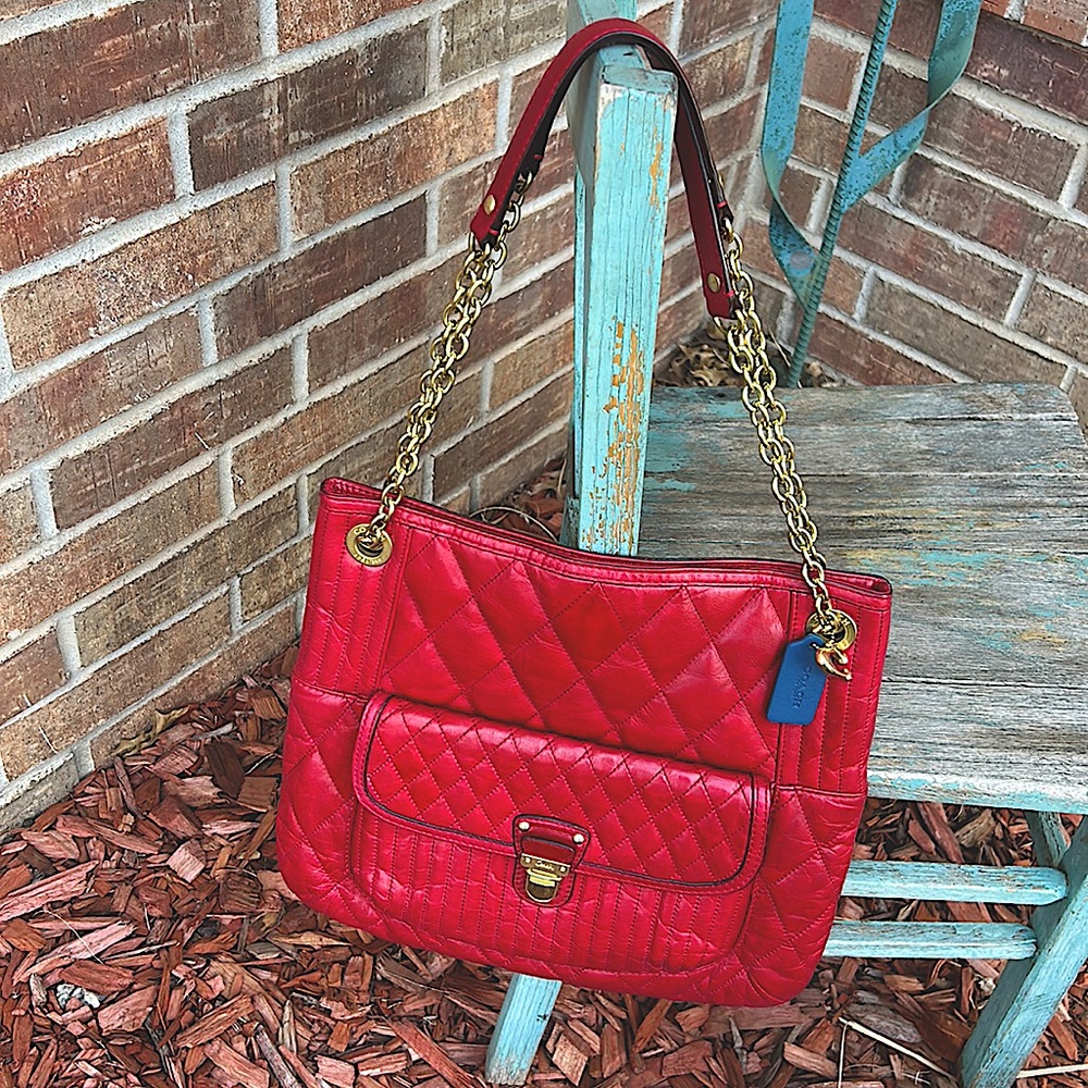 COACH Soft Leather Deep Red Thin Quilted Shoulder Bag w/Gold detail
